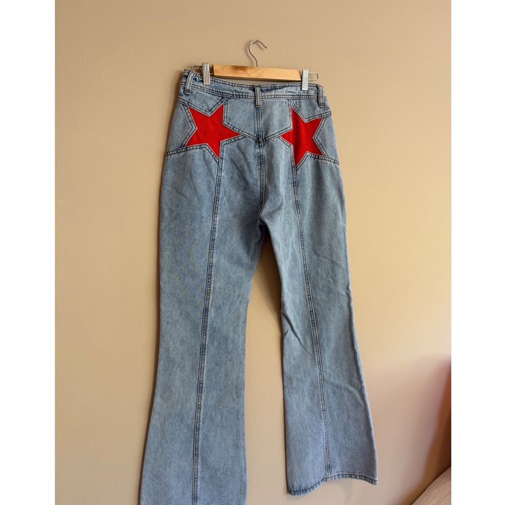 Western Star Patchwork Flare Jeans Light Wash Red Star Back High Rise